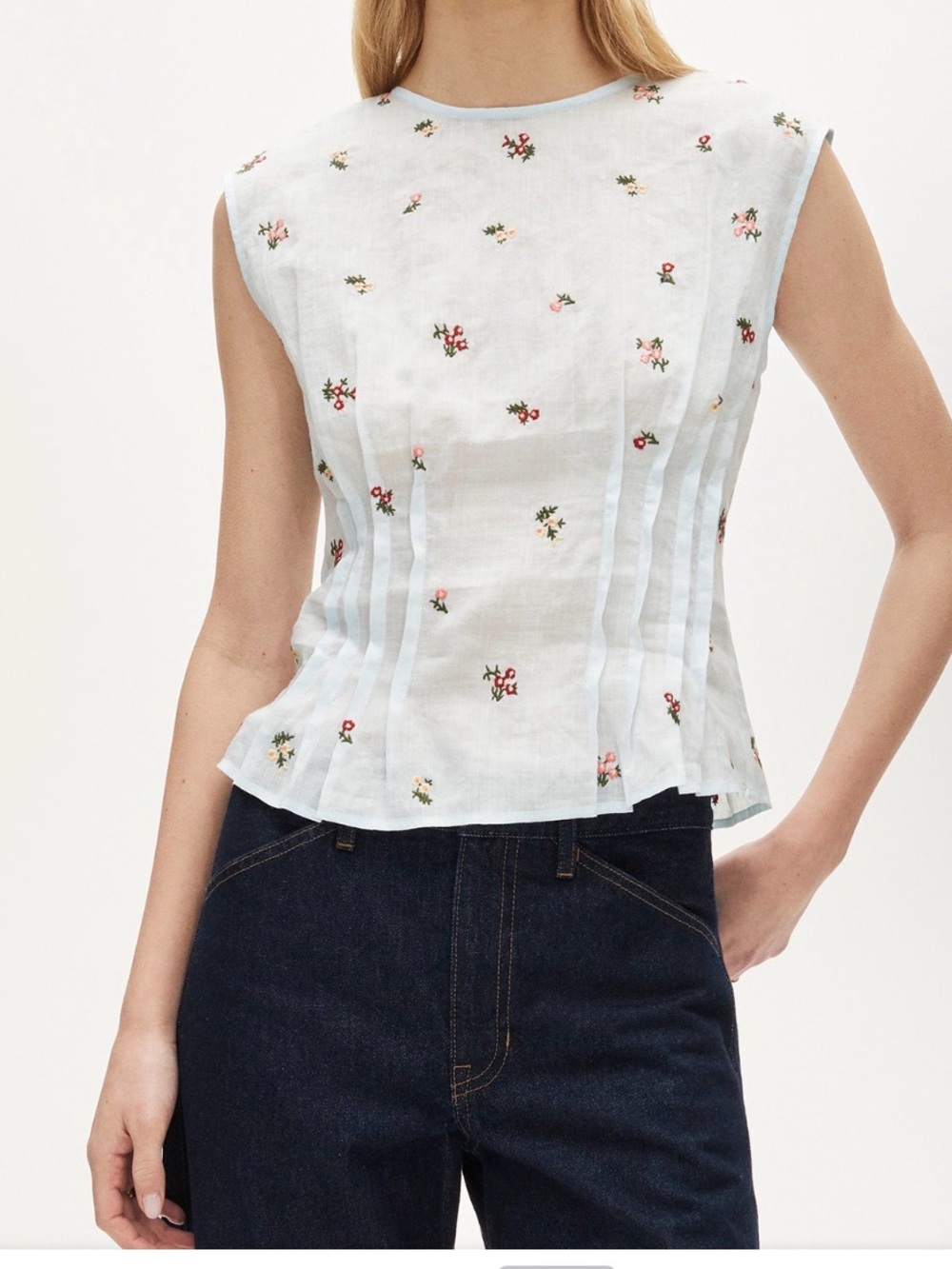 J.Crew Pintuck Shell Top Ramie Blue Embroidered Floral Romantic Sz 4 CT109 $148